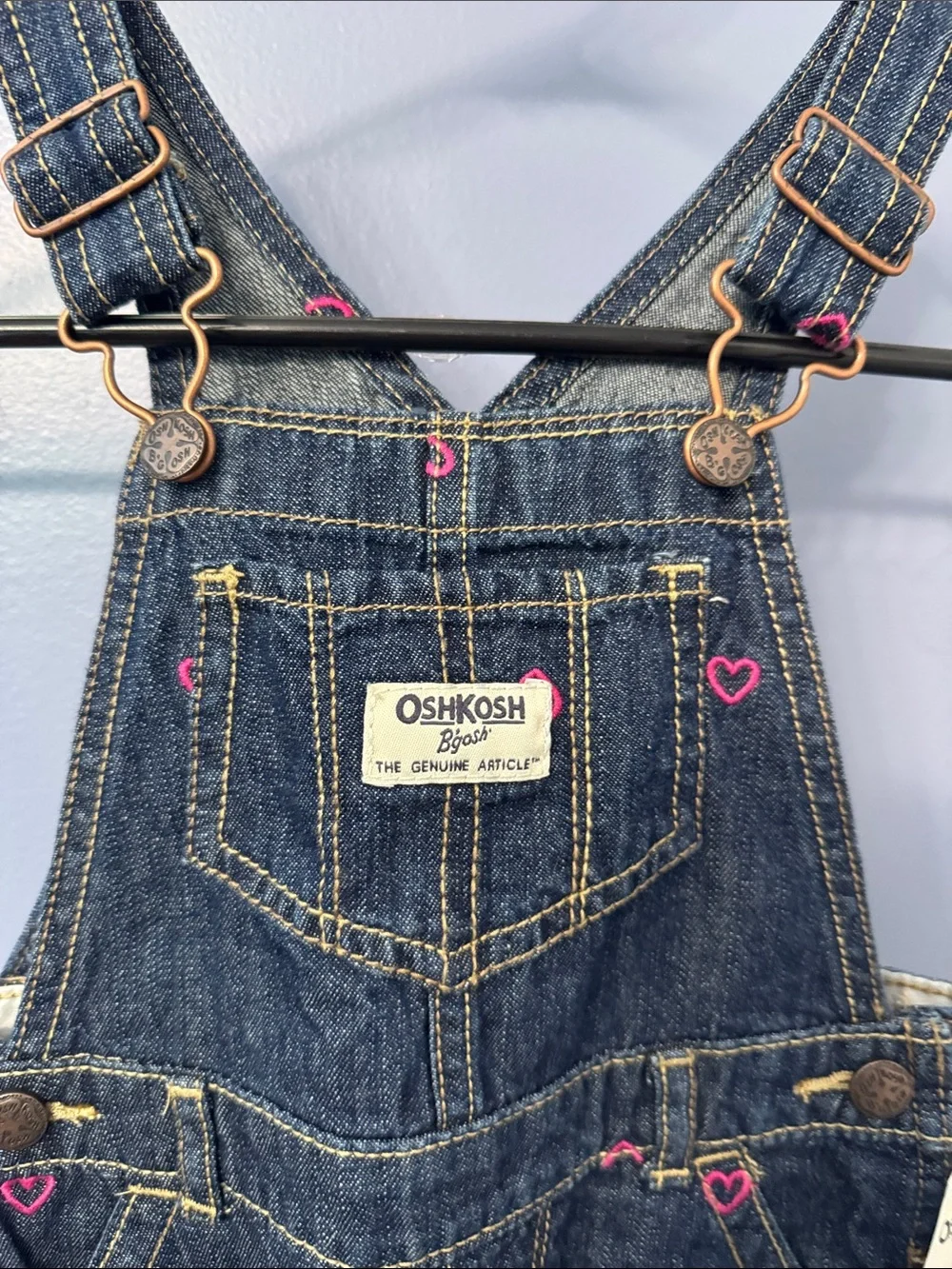 OshKosh B'gosh Dark Blue Denim Overalls with Pink Heart Embroidery